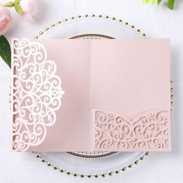 Imagem de PONATIA 5,12 x 7,2 polegadas, 20 peças, corte a laser triplo, bolso para convite de casamento, envelopes para casamento, chá de panela, convite de aniversário de noivado, Blush Pink, 20pcs No Inner Sheet