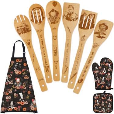 Imagem de Conjunto de 9 peças de utensílios de cozinha de bambu, colheres com avental, luvas de forno, suporte de panela, presentes de terror de Halloween para homens e mulheres, decoração de terror