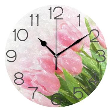 Imagem de GAIGEO Relógio de parede analógico decorativo sala de aula relógio de escritório operado a bateria, decoração de parede vintage sala de estar flores tulipas florais, 25 cm, ponteiros pretos