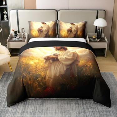 Imagem de 100% algodão versículos bíblicos cristãos tamanho solteiro, conjunto de cama de ovelha branca, 2 peças para decoração de quarto de crianças, meninas, meninos, adultos, versículos bíblicos, capa de
