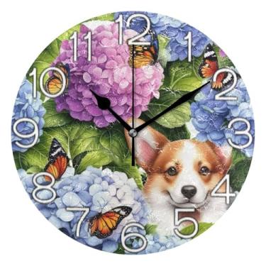 Imagem de GAIGEO Relógio de parede decorativo analógico relógio de cozinha rústico redondo sem tique-taque silencioso, retrô moderno art deco decoração de parede flor vintage cachorro borboleta roxo, 25 cm