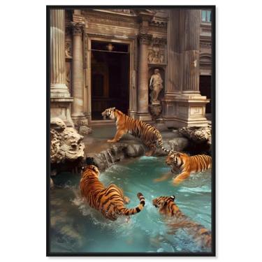 Imagem de Art Remedy Tela de arte moderna de tigre, 25,4 cm x 38,1 cm, moldura preta, tigres na fonte