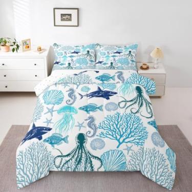Imagem de Erosebridal Jogo de cama Sealife com estampa de animais do oceano, coral, polvo, conchas, cavalos-marinhos, água-viva, tamanho solteiro, 1 fronha para meninas, crianças, meninos, adultos, temática do