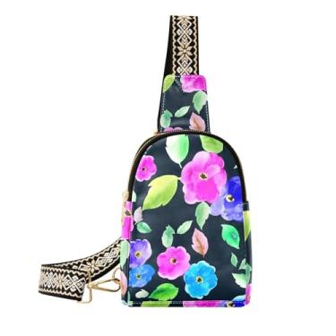 Imagem de CEBUGI Bolsa tiracolo feminina pequena com flores em aquarela, pochete de couro, para caminhadas, viagens ao ar livre