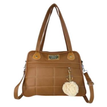 Imagem de Bolsa Feminina Elegante, Couro Sintético Marrom, Alça Transversal, Detalhe Pompom Rosa (Caramelo)