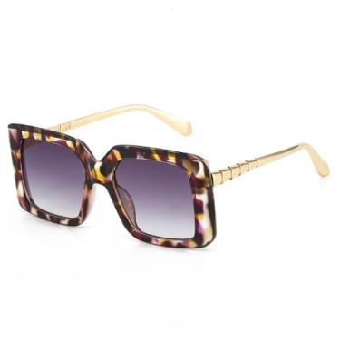 Imagem de HCHES Óculos de Sol Feminino Fashion com Degradê Bicolor e Hastes Metálicas, Proteção UV400 (Roxo Leopardo Cinza)