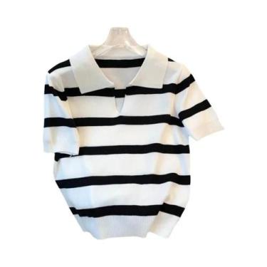 Imagem de Suéter Cropped Feminino Com Gola E Estampa Listrada, Manga Curta, Tric