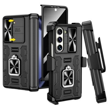 Imagem de VEGO Capa para Galaxy Z Fold 5, coldre com clipe de cinto, suporte magnético de anel de 360°, capa de câmera e protetor de tela de privacidade, capa de proteção de dobradiça à prova de choque para