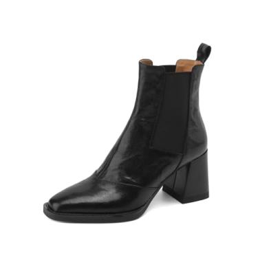 Imagem de TinaCus Bota feminina feita à mão de couro legítimo, salto grosso, elástico, sem cadarço, Preto, 37