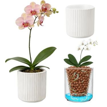Imagem de TineDew Vasos de cerâmica autoirrigáveis de 12,7 cm para plantas de interior com vaso interno transparente, vasos semi hidropônicos para leca e pon, vaso autoirrigável de cerâmica para violeta