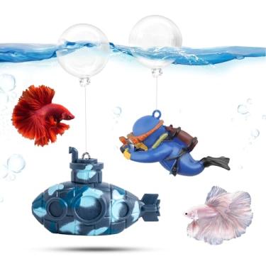 Imagem de CousDUoBe Conjunto de decoração de mini aquário submarino flutuante de 5,3 cm, lindo conjunto de submarinos retrô e mergulhador flutuante, acessórios para aquário de peixes betta resinosos