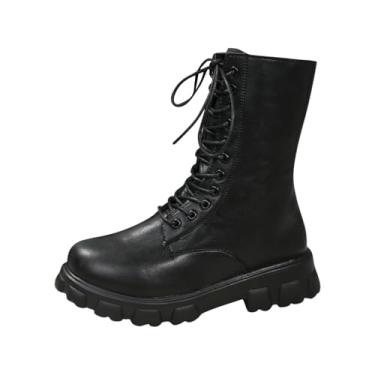 Imagem de Botas femininas com cadarço e sola plataforma grossa salto baixo e visual clássico de inspiração britânica, Preto, 36