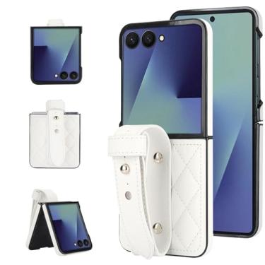 Imagem de Capa para Motorola Razr 50 Ultra, capa protetora dobrável de couro PU com alça de pulso ajustável, capa de telefone feminina feminina (branca)