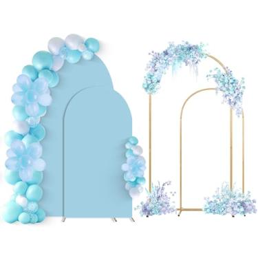 Imagem de SuuWoee Conjunto de 2 suportes de fundo de arco com capa azul (2 m + 1,8 m), suporte de balão de arco de casamento de metal dourado com capa para festa de aniversário, chá de bebê, decoração de