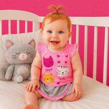 Imagem de Conjunto Fofura Short Saia + Blusa Gatinha para Bebê Menina Tam RN a 0