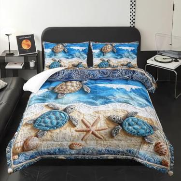 Imagem de AILONEN Conjunto de edredom casal de tartarugas marinhas costeiras, estampa de conchas, oceano, tartaruga, mar, praia, náutico, com 2 fronhas, para crianças, adolescentes e adultos, 3 peças