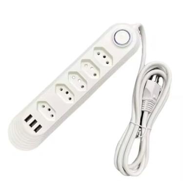 Imagem de Extensão Elétrica 2m com 3/4 Tomadas e 3 Entradas USB, Branco, com Botão Liga/Desliga