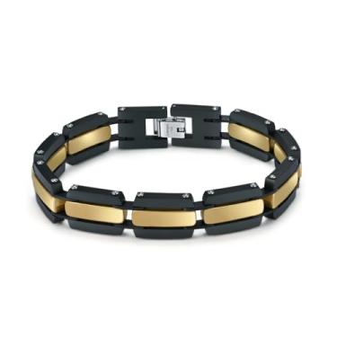 Imagem de Pulseira masculina de aço inoxidável de dois tons, 21 cm de comprimento, fivela oculta, preta e dourada/prata, One Size, Aço inoxidável, Sem Pedra Preciosa