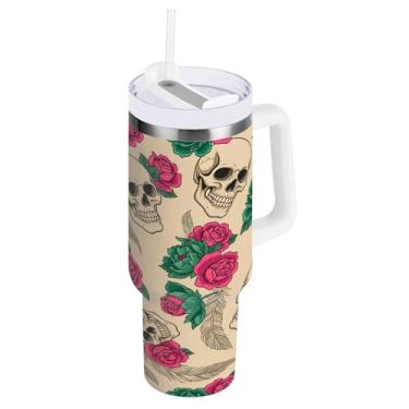 Imagem de SEHANY Copo de caveira e rosas de 1,18 l com alça, copo isolado de aço inoxidável a vácuo de parede dupla, à prova de vazamento, caneca de café isolada para viagem cabe no suporte de copo de carro