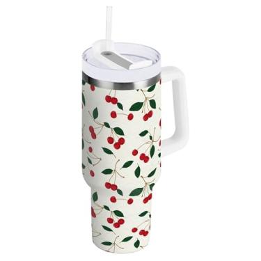 Imagem de SEHANY Copo de cereja fofo de 1,134 g com alça, copo isolado de aço inoxidável de parede dupla, à prova de vazamento, caneca de café isolada para viagem, cabe no suporte de copo de carro
