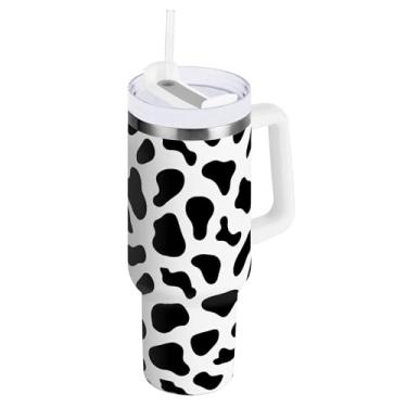Imagem de SEHANY Copo preto e branco com estampa de vaca de 850 g com alça, copo isolado de aço inoxidável a vácuo de parede dupla, à prova de vazamento, caneca de café isolada para viagem cabe no suporte de