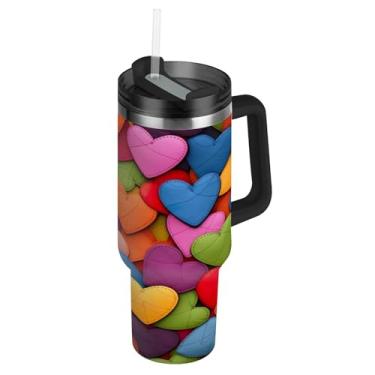 Imagem de ATTX Copo de corações de desenho animado de 1,134 g com alça, copo de aço inoxidável a vácuo de parede dupla com palha, caneca de café de viagem isolada #299