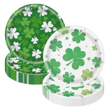 Imagem de Xjoviative 50 peças de pratos de papel do dia de São Patrício, pratos de festa do trevo da sorte, prato de sobremesa de bolo verde descartável de 18 cm para festas de fim de ano de São Patrício (St