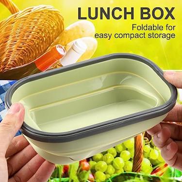 Imagem de GLOGLOW Porta-refeições Lancheira Dobrável de Silicone de Grau Alimentício, Retângulo, Design Dobrável, Recipiente Portátil de Armazenamento de Alimentos, Damasco Verde Azul, 8,07 X 5,31 X 2,87