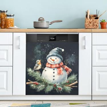 Imagem de xigua Capa magnética preta de boneco de neve de Natal, adesivos magnéticos decorativos antiarranhões para painel de geladeira e lava-louças, decoração personalizada de cozinha doméstica 58 x 66 cm