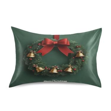Imagem de SEHANY Fronha de seda verde com sinos de Natal para cabelo e pele, capa de almofada respirável super macia e macia com envelope para casa, quarto, hotel, padrão 50 x 66 cm
