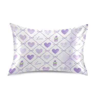 Imagem de Wassud Fronha de cetim xadrez com corações lavanda para cabelo e pele, fronhas de seda lisa, tamanho queen, capas de travesseiro respiráveis com fecho de envelope