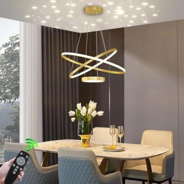 Imagem de Lustre moderno com design em anel, luminária pendente decorativa com 2 anéis de LED, dimerizável, altura ajustável, luminária criativa para ambientes internos, ideal para sala de estar, quar