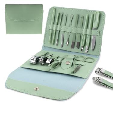 Imagem de Conjunto profissional de manicure e pedicure - Ferramentas de cuidado de unhas de aço inoxidável com estojo de viagem de couro de luxo (16 peças, verde)