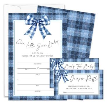 Imagem de Fihjm Convites para chá de bebê Blue Jean, convites de chá de bebê com laços de brim para meninos e meninas, bilhetes de sorteio de fraldas e cartão de solicitação de livro, conjunto de 25 com