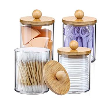 Imagem de 4 Pack Porta-Qtip com Tampas de Bambu - Potes Vidro Farmácia Plástico Transparente 10 oz para Organização Maquiagem em V