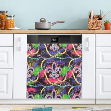 Imagem de ATTX Capa magnética para lava-louças neon Mardi Gras | Adesivo decorativo de eletrodomésticos de 58 x 66 cm para armários domésticos e eletrodomésticos (204)