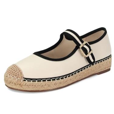 Imagem de Plataforma Mary Jane Sapatilhas femininas de malha confortável tecido ráfia alpargatas rasteiras verão elegante fivela fivela sapatilha bailarina, Branco, 40