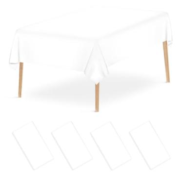 Imagem de Mulbozy Toalha de mesa descartável de plástico branco, pacote com 4, toalhas de mesa retangulares de 137 × 272 cm, capa de mesa de plástico branco para decoração de festa