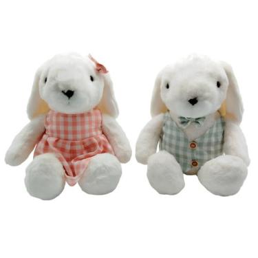 Imagem de Kit 2 Coelhos Páscoa Casal Pelúcia Coelhinho Roupa Listrada - Multiart