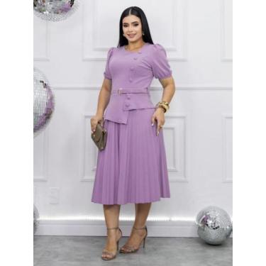 Imagem de Vestido Midi Soltinho Rodado Moda Evangélica Decote Quadrado com Cinto