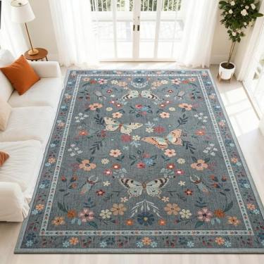 Imagem de FALARK Tapetes laváveis para sala de estar, tapete com estampa floral borboleta de 10 x 15 cm, antiderrapante para quarto, jantar, escritório, sala de jogos, decoração de casa, cinza