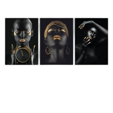 Imagem de Kit 3 Quadros Mulheres Preto Com Dourado 45X34Cm