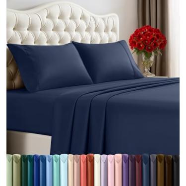 Imagem de Utopia Bedding Jogo de cama de casal – jogo de lençóis de 4 peças para cama de casal, de microfibra macia e respirável, inclui 1 lençol com elástico, 1 lençol de cima e 2 fronhas (azul marinho)