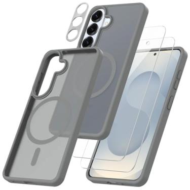 Imagem de Capa para Samsung Galaxy A57 5G com 2 películas de vidro temperado com 1 protetor de lente de câmera, compatível com suportes magnéticos, capa protetora à prova de choque para celular (cinza)