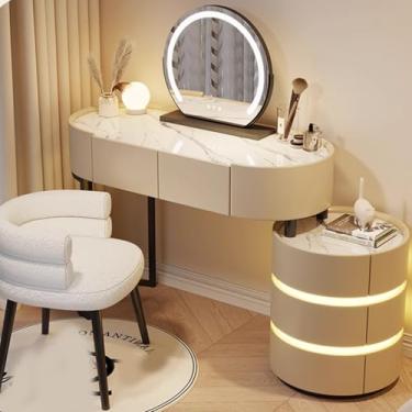 Imagem de Mesa pequena com espelho de LED ajustável e luzes, mesa de maquiagem com gavetas, conjunto completo para quarto, inclui cadeira e 3 modos de luz