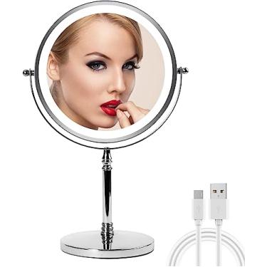 Imagem de Espelho de Maquiagem com Lupa Iluminada Aumento 1X 10X Toalete LED 3 Cores Reguláveis Brilho Ajustável Ideal para Escrivaninha Quarto Banheiro