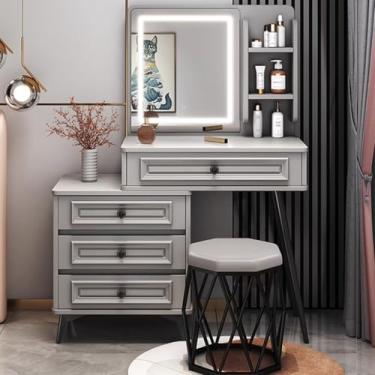 Imagem de Penteadeira com gavetas - Conjunto de mesa com espelho e luzes, inclui cadeira e armário lateral retrátil, ideal para meninas e mulheres no quarto ou vestiário