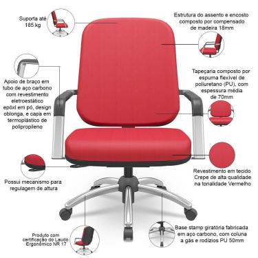 Imagem de Cadeira De Escritório Giratória Com Braço Cromada Magno P03 Crepe Vermelho - Lyam Decor