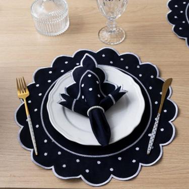 Imagem de Jogo Americano Com Guardanapo Bordado 6 Lugares 12 Peças Poá Marinho Bordado Branco