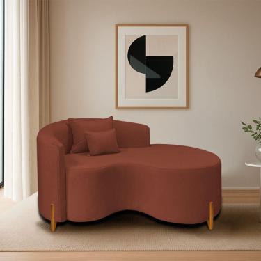 Imagem de Divã Recamier Curvo Sala De Estar Recepção Inglaterra 150cm Pés Madeira Lado Direito Bouclé Terracota